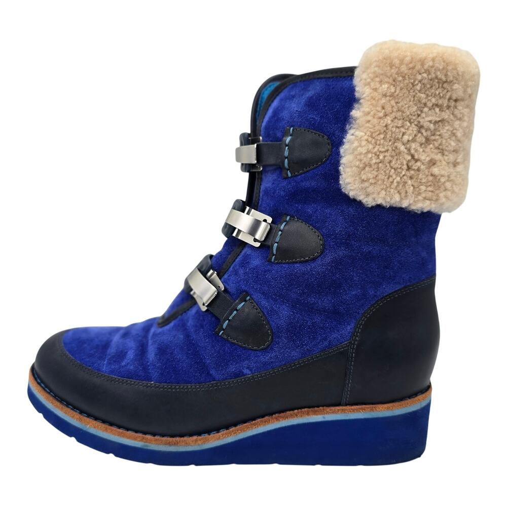 Cole Haan Lania Blue Suede Wedge Boots Ski Style Shearling Waterproof Women's 6B